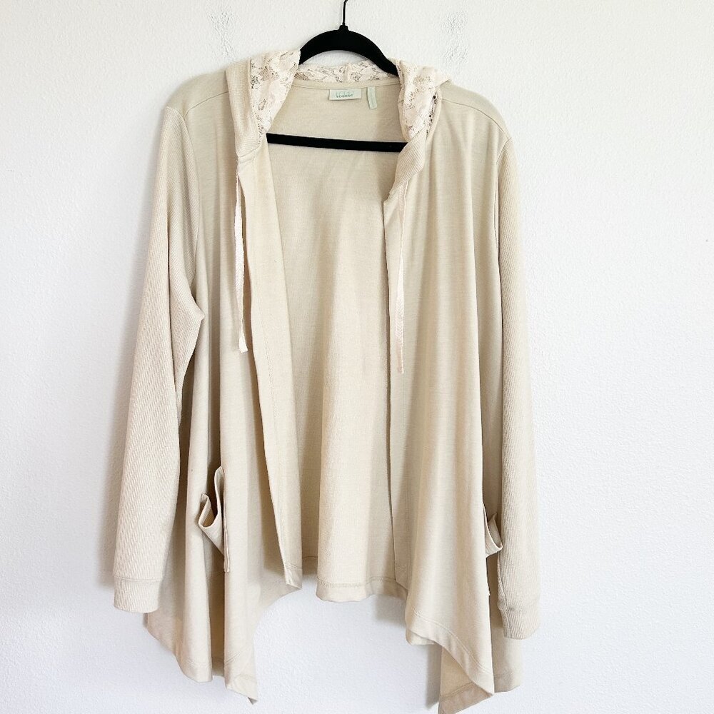 Logo Lori Goldstein Cardigan XL Tan Hoodie Open Front Lace Hood